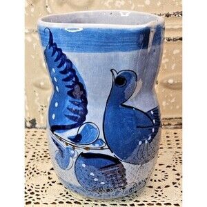 Mexican Tonala Water Jug Pitcher Blue Pottery Flowers & Bird Hand Painted